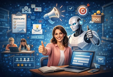 Uma mulher sorridente e um robô com inteligência artificial fazendo sinal de positivo em um ambiente