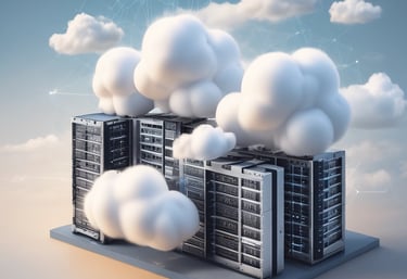 A cloud-shaped object with server racks is connected via cables to a computer monitor. The setup is surrounded by several black squares on a blue background, evoking concepts of cloud computing and data networks.
