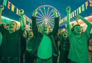 A crowd of emotionally healed people celebrates their financial freedom in joyful unity.