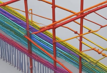 A large bundle of stacked metal rebars with rust-colored ends is shown. The rebars have a ribbed texture and are neatly arranged in parallel rows, extending to the background.