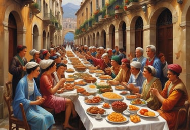 Hands are placing topping on a piece of toast on a white plate. Nearby, two arancini balls are placed on a small dish with a skewer. A glass of iced cola is partially visible at the edge of the table.