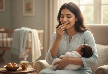 New mother enjoying nutritious homemade laddus while holding her baby, highlighting postpartum care and nourishment.