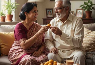Senior citizens enjoying soft homemade laddus together, symbolizing tradition, care, and easy-to-digest nutrition