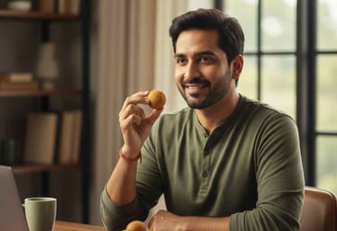 Working professional enjoying homemade laddus at home, showcasing a healthy snack option during work hours.