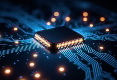 Um circuito digital iluminado com luzes