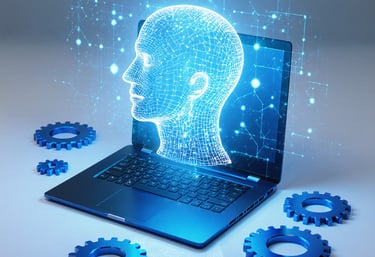 Um holograma de inteligência artificial projetado acima de um notebook