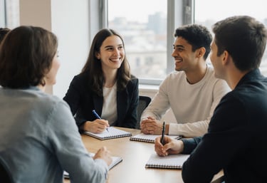 Um grupo de jovens sorrindo e conversando em um ambiente criativo