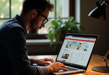 Um designer trabalhando em um notebook com tela mostrando layout moderno de site