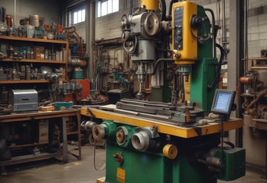 A collection of ancient metal artifacts displayed on a textured surface, including various tools and abstract shapes. The items are dark and appear to be aged, arranged in rows for viewing.