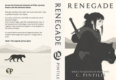 Book cover for Renegade by C. Pintilie, showing a woman in fur-lined armor beside a black panther