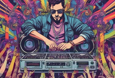 A person is focused on a task involving a laptop with music mixing software. The scene is dimly lit, with a busy background featuring people standing, one wearing a sports jersey with the number 89. Cables are strewn across the table, suggesting an event setup.