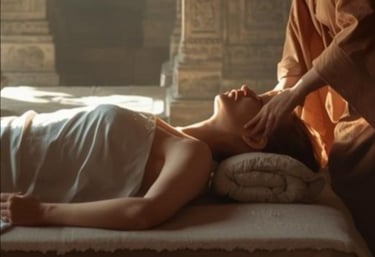 une femme reçoit un soin-massage dans une atmisphère de temple