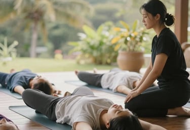 A serene wellness environment with calming colors and natural elements.