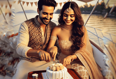 a man and woman cutting a cake together at Exclusive Yacht Experience at Gateway of India, Mumbai