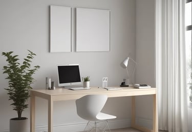 A calm, minimalist living room with natural light and organized shelves.
