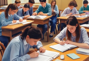 A diverse group of students engaged in a collaborative study session in a bright classroom.