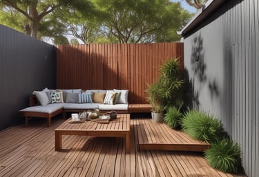 A beautifully designed wooden deck in a serene backyard setting.