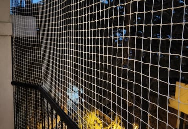 Close-up of a white pigeon net securely installed on a modern apartment balcony in Whitefield.