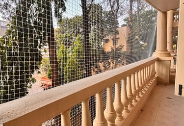 Close-up of a neatly installed pigeon net on a residential balcony in Kelambakkam.
