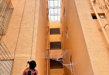 Technician carefully installing a pigeon net on a window frame, showing attention to detail.