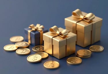 A stylized image of overflowing gold coins and luxury gift boxes on a professional dark blue surface, representing exclusive rewards.