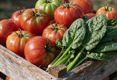 A close-up of a weathered wooden crate overflowing with colorful heirloom tomatoes and crisp green spinach. Natural morning sunlight creates soft shadows, highlighting the freshness of the Midwestern harvest.