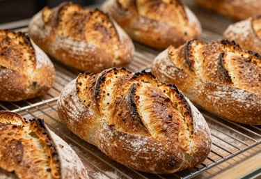 A selection of golden-brown braided sourdough loaves resting on a rustic cooling rack in a local bakery stall. Light dustings of flour and a warm, inviting glow emphasize the handmade quality.