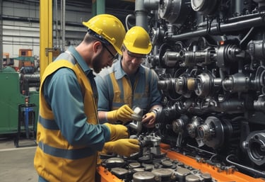Technician performing industrial equipment maintenance in a factory setting.