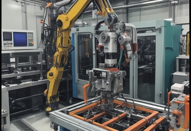 Robotic arm loading a mould machine in a bright manufacturing facility.
