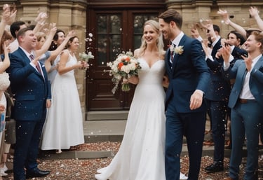 a bride and groom are standing in front of a large group of people