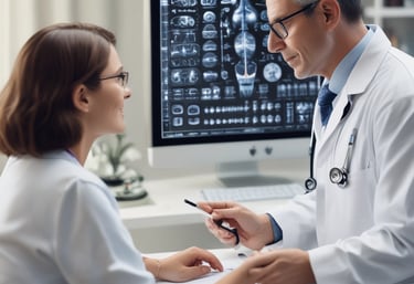 A doctor consulting with a patient in a modern, comfortable office.