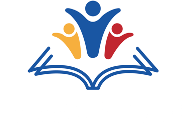 Logo de Eduacción Perú, libro azul con 3 formas simulando personas rojo, amarillo y azul