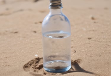 A close-up of a sparkling water bottle placed on a wooden table with natural light.