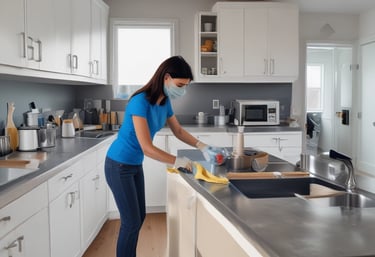 A person wearing protective clothing, a face mask, and gloves is cleaning a white cushioned furniture piece using a vacuum cleaner. The setting appears to be indoors with bright natural light streaming in through large windows. A green potted plant is placed next to a white sofa, adding a touch of nature to the clean and tidy environment.