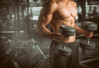 a man with a muscular body and a dumbble