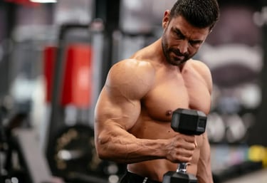 a man in a gym suit is holding a dumbble