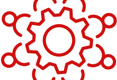 Red outline icon of a gear surrounded by people, symbolizing cultural knowledge and collaboration.