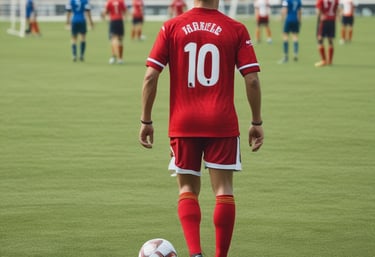 a young boy in a red uniform standing on a soccer field