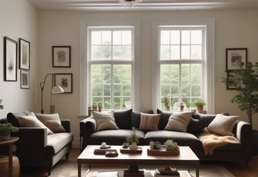 A clean and organized living room with sunlight streaming through the windows.