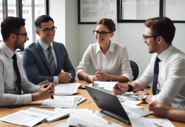 A professional team meeting in an office setting, discussing staffing solutions.