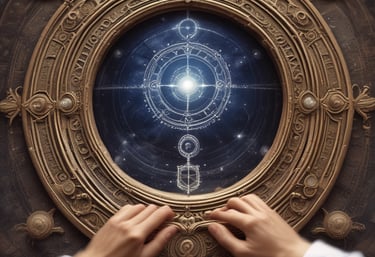 A storefront features a prominently displayed neon sign with the word 'PSYCHIC' in bright red. The window is adorned with red string lights and contains various decorative items, including statues and plants. A poster inside provides additional information on psychic services.