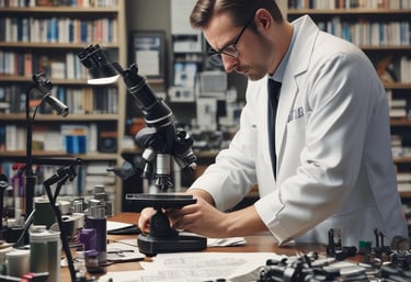 A person with disheveled hair is closely examining a piece of paper using a small magnifying lens. Wearing a green shirt, they appear focused in a well-lit room with another person in the background also looking at something. The scene suggests an environment of detailed inspection or analysis.