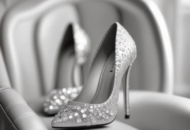Two elegant white high-heeled sandals with thick ankle straps are placed on a floral upholstered vintage sofa. The background is softly blurred, highlighting the shoes.