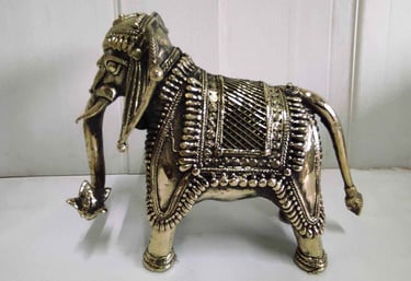 "Brass elephant calf in aggressive stance with carved patterns-for export compliance"