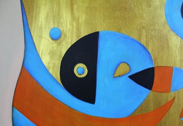 a painting of a bird with a blue and orange background