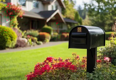 New mailbox in front of house with flowers