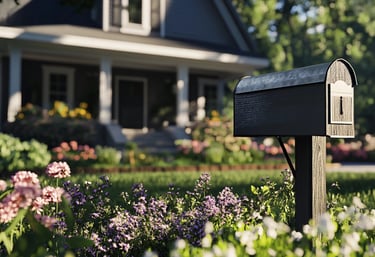 a refurbished mailbox that is infront of a house with flowers