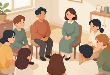 A person gently holds the hand of another seated individual, conveying a sense of comfort and support. The interaction takes place indoors, with a bright window in the background revealing green foliage and an orange railing. The lighting is soft and creates a warm atmosphere.