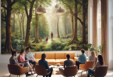 A person gently holds the hand of another seated individual, conveying a sense of comfort and support. The interaction takes place indoors, with a bright window in the background revealing green foliage and an orange railing. The lighting is soft and creates a warm atmosphere.