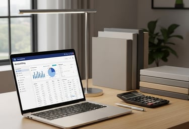 a laptop computer sitting on a desk with a calculator